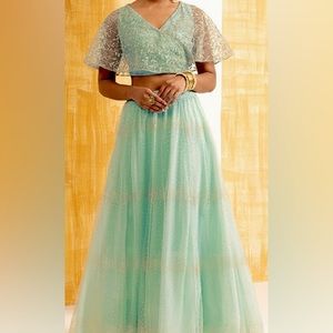 Seafoam Foil Mesh Lehenga Skirt & Angrakha Crop Top - Indian Wedding Guest